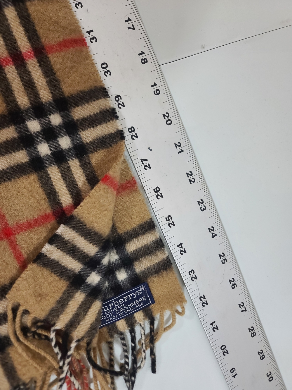 Burberry Tan Plaid Wool Scarf with Black and Red Accents